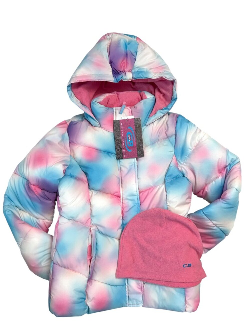 CB sports Multicolor Candy Print Hooded Full-Zip Puffer Jacket & Beanie Sz S 7/8